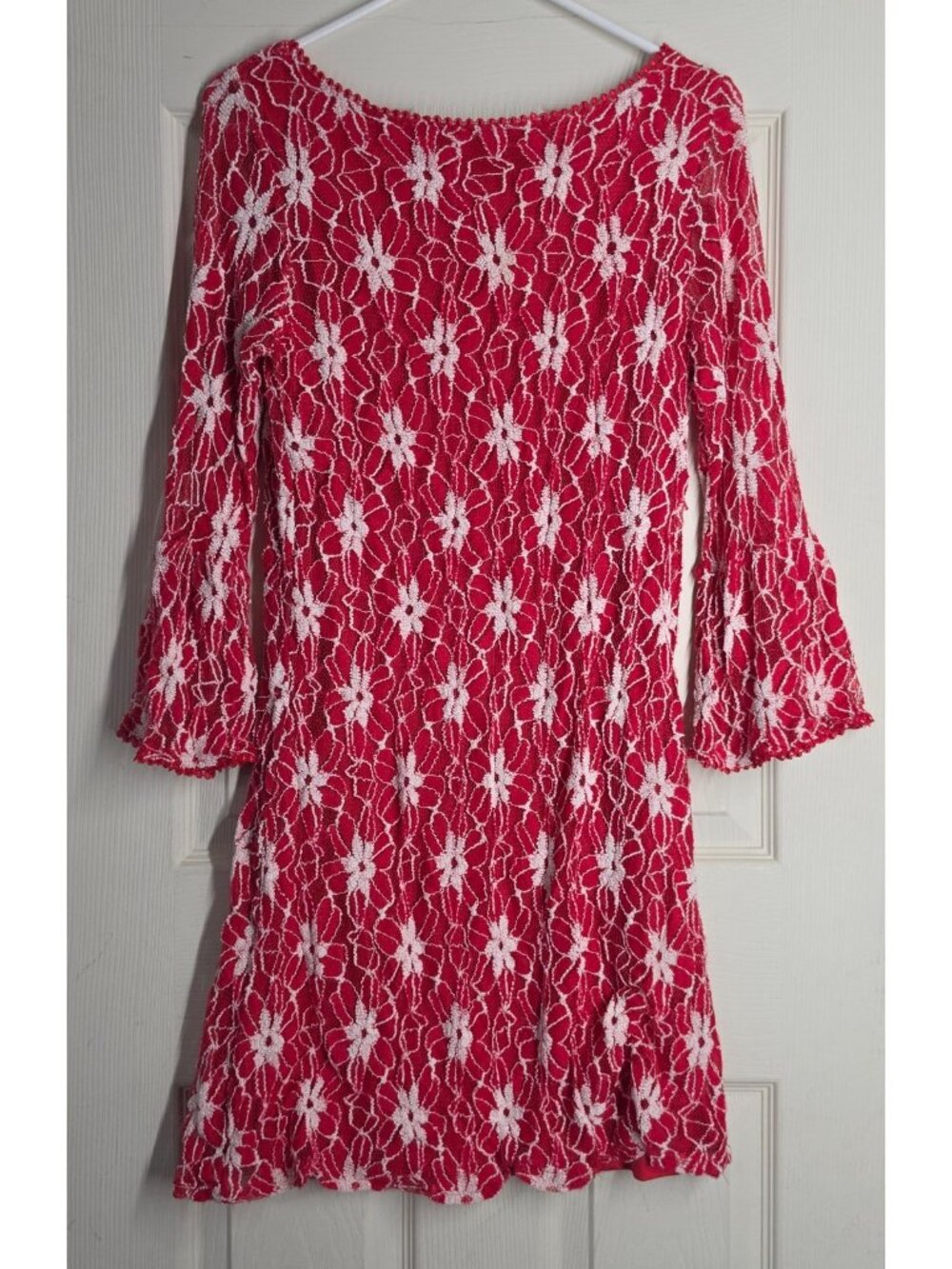 Haani Lace Dress Medium Red Floral Bell Sleeve Fit Flare Boho Romantic Coquette - Picture 2 of 15